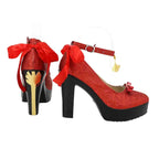 Red glitter Mary Jane cosplay heels with black platform base, bow ribbon accents