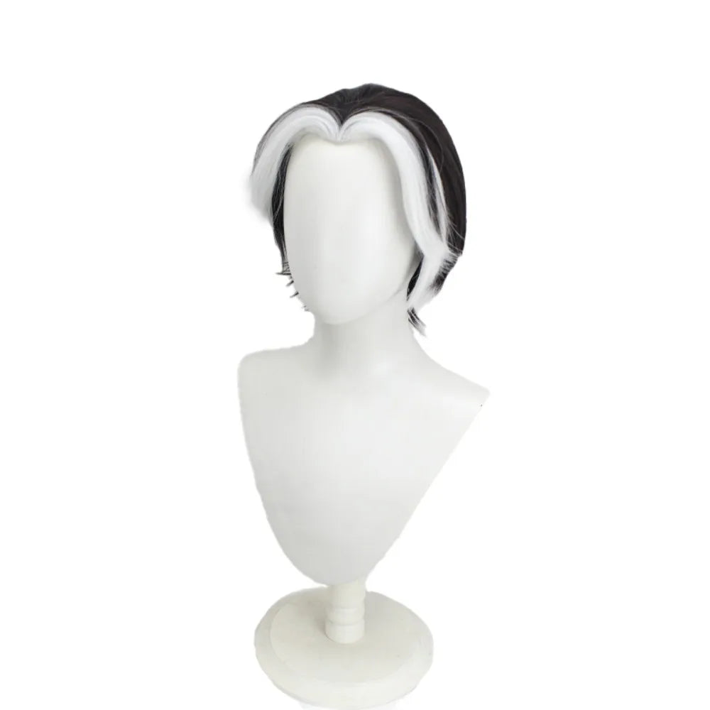Perruque cosplay Husk de Hazbin Hotel, cheveux noirs et blancs à pointes relevées 