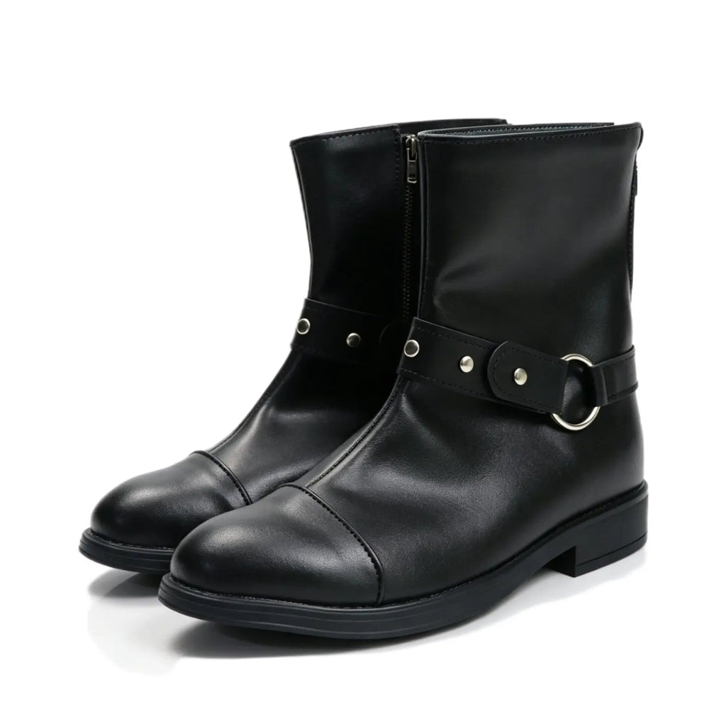 Black ankle cosplay boots with side zipper, buckle belt strap, and low block heel
