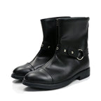 Black ankle cosplay boots with side zipper, buckle belt strap, and low block heel