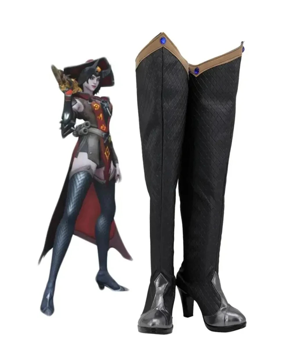 Overwatch Ashe Warlock Cosplay Boots High Heel Overknee Black Shoes