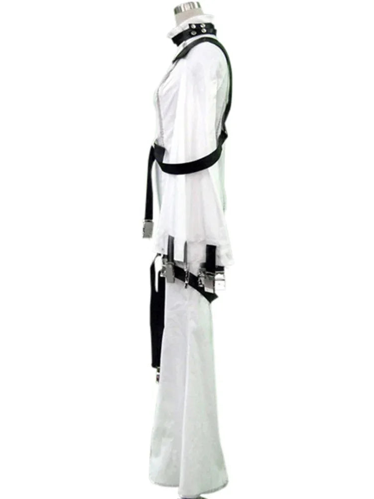 White cosplay jumpsuit-style outfit with black trim straps and side hanging details