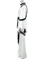 White cosplay jumpsuit-style outfit with black trim straps and side hanging details