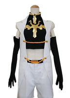 Black-and-gold chest armor with white tunic and white trousers, over black sleeves