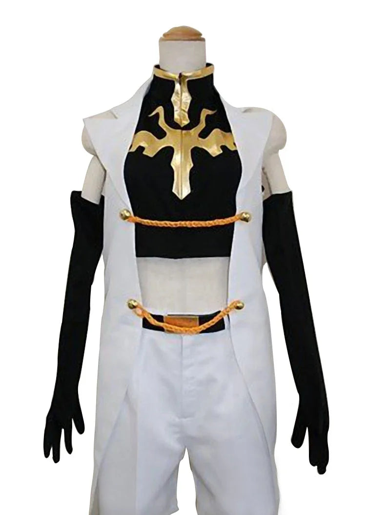Black-and-gold chest armor with white tunic and white trousers, over black sleeves