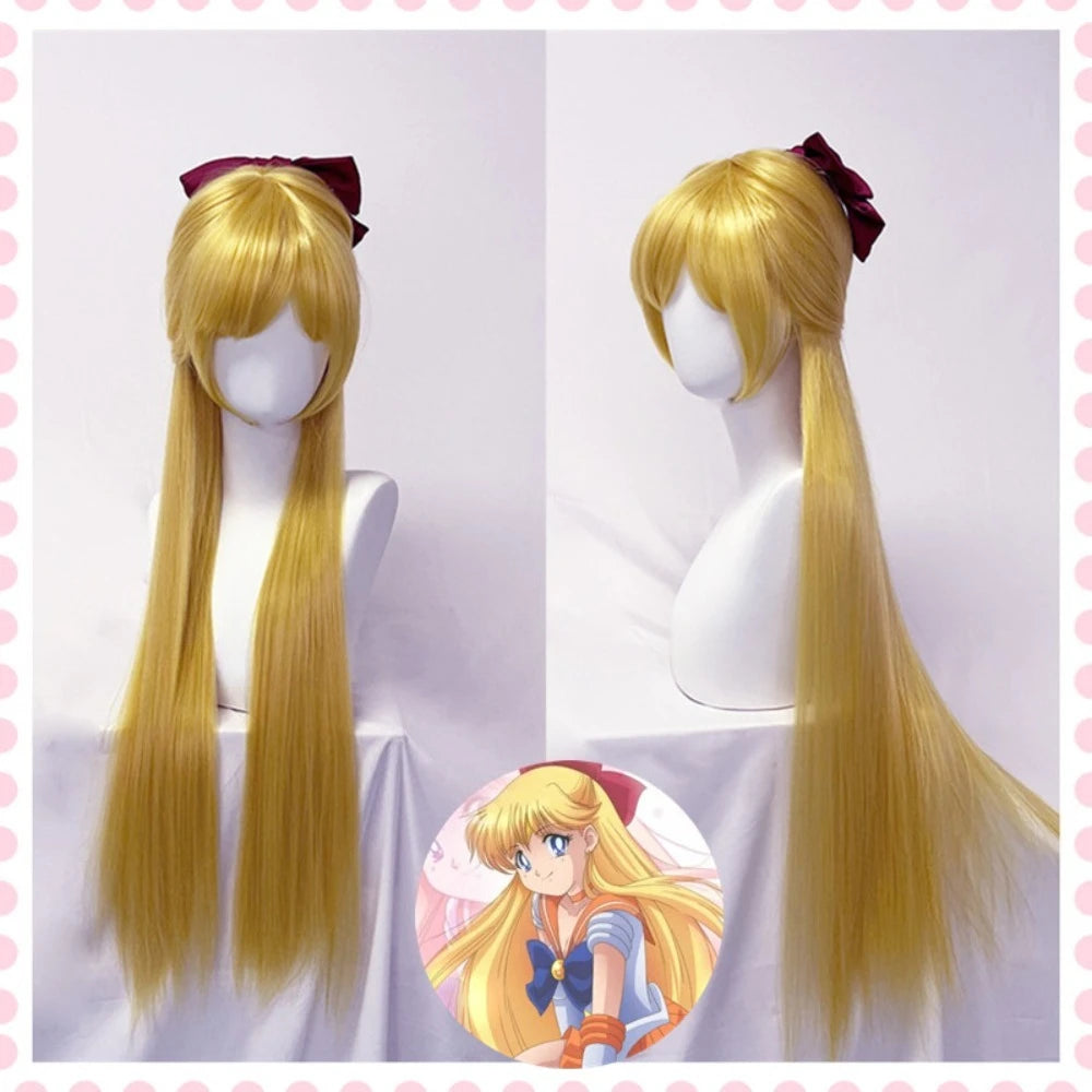 Perruque longue blonde lisse pour cosplay Sailor Moon Venus Minako Aino 