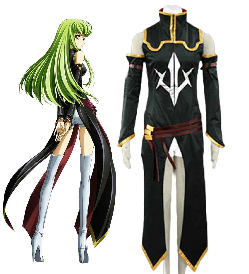 Cosplay costume coat with black fabric, gold trim, white emblem, red sash and cuffs