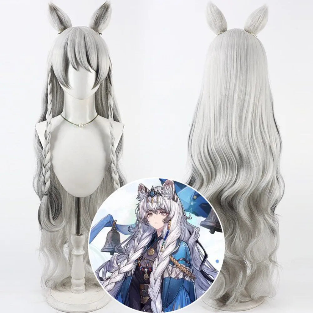 Arknights Pramanix Alternate Cosplay Wig Silver White Gradient Hair with Detachable Ears