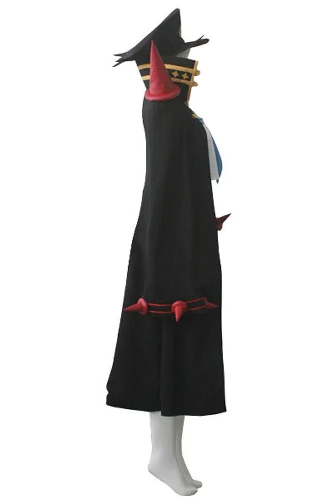 Anime cosplay uniform: black long coat with pointed shoulder pieces, red belt trim