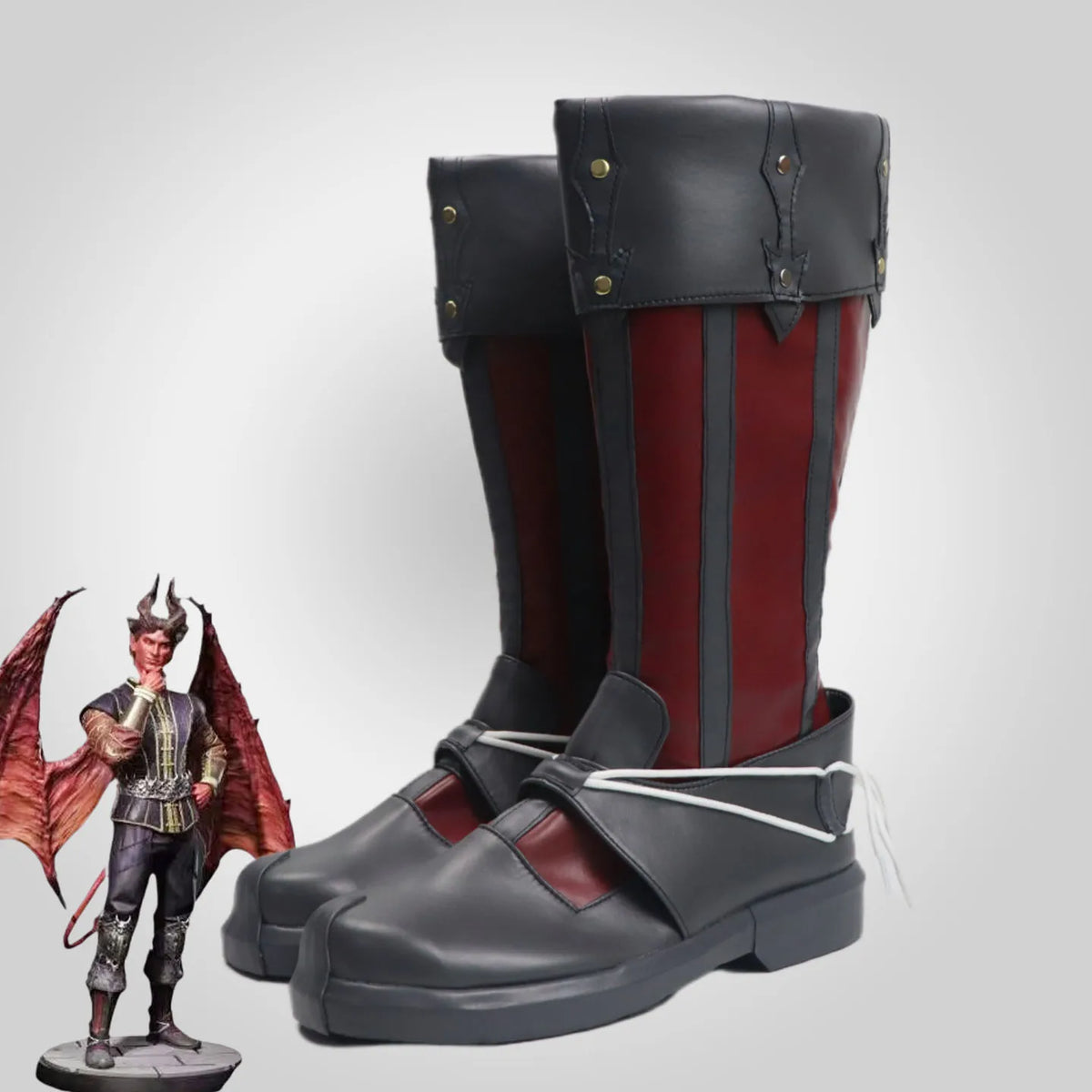 Baldur's Gate 3 Raphael Cosplay Boots Tiefling Demon Custom Made Shoes in black and red with ankle straps and raised soles