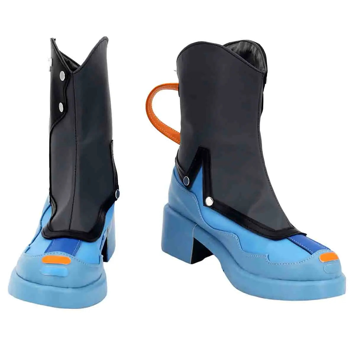Pair of black ankle cosplay boots with light-blue sole, chunky heel, orange loop detail